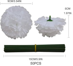 Silk Carnation Flower, 50 Artificial Flowers, Used for Wedding Decoration , Temple  ( White )