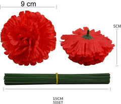 Silk Carnation Flower, 50 Artificial Flowers, Used for Wedding Decoration , Temple  ( Red )