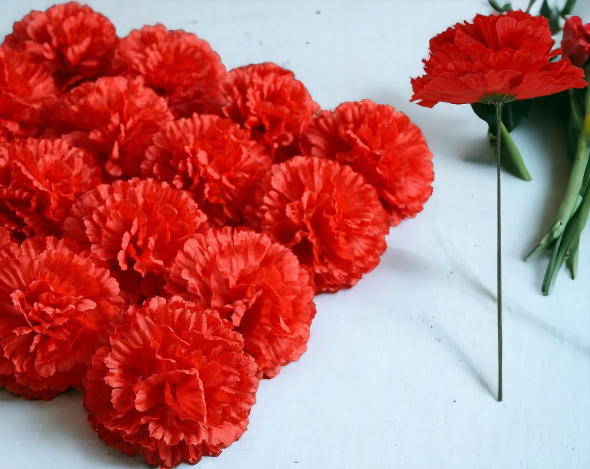 Silk Carnation Flower, 50 Artificial Flowers, Used for Wedding Decoration , Temple  ( Red )