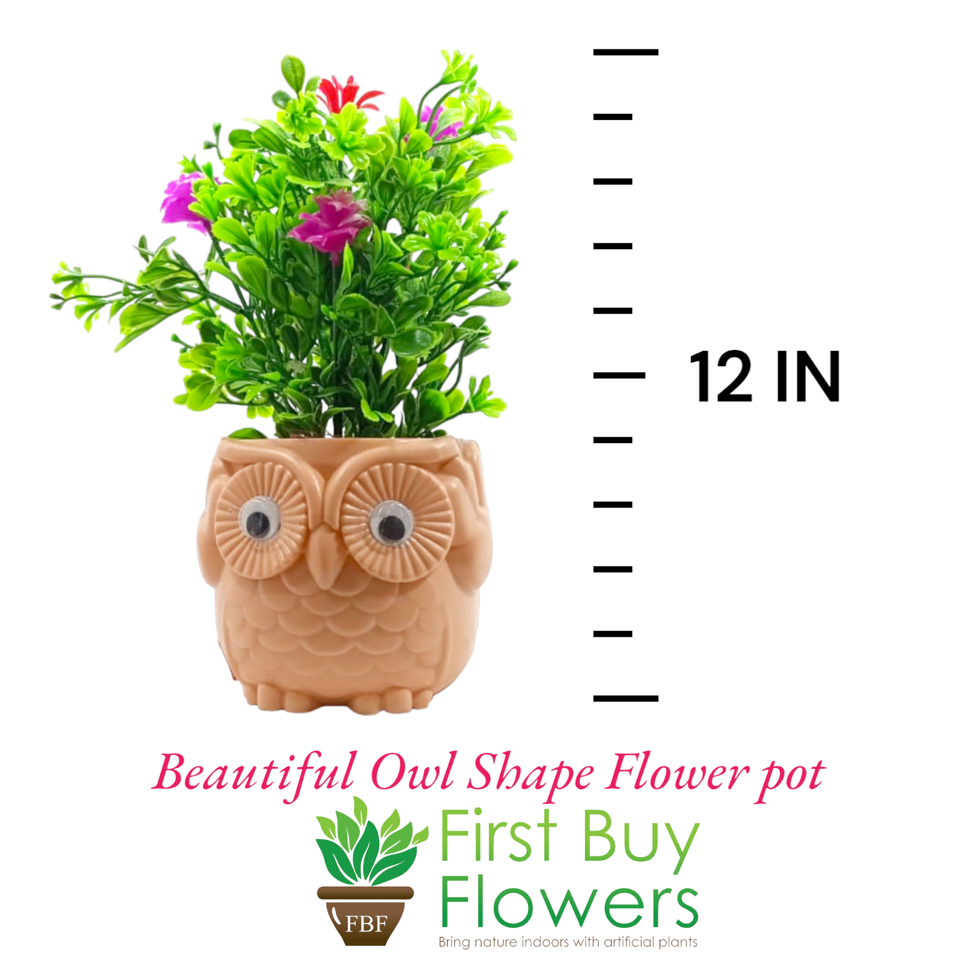 Artificial Bunch Planted in Peach Color Owl Shaped Pot