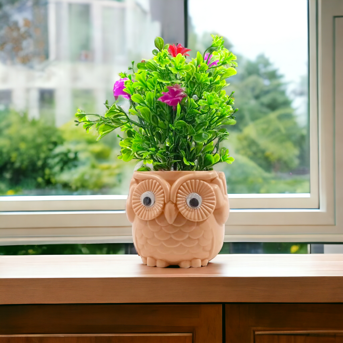 Artificial Bunch Planted in Peach Color Owl Shaped Pot