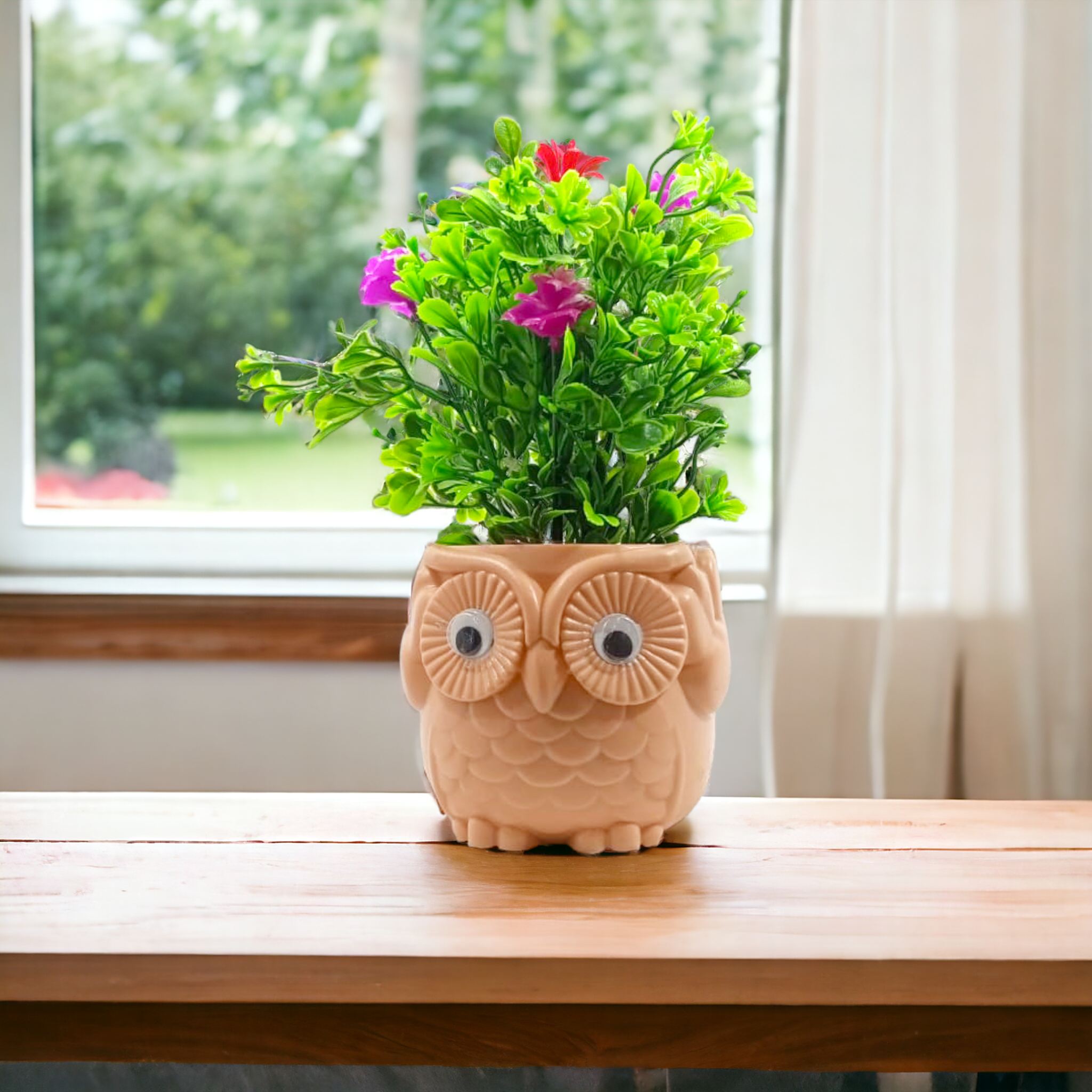 Artificial Bunch Planted in Peach Color Owl Shaped Pot