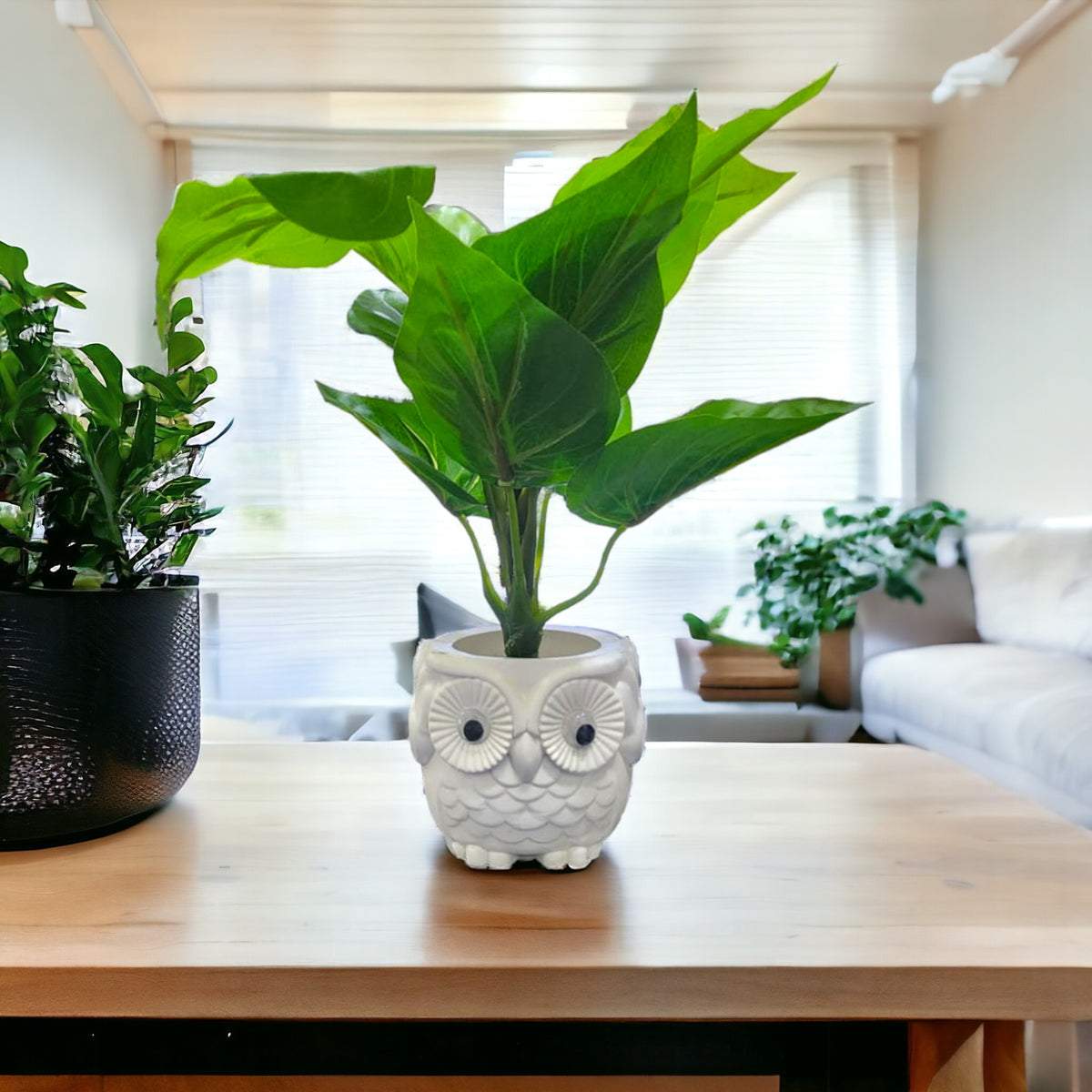 Natural Looking Artificial Plant with White Owl Shaped  Pot